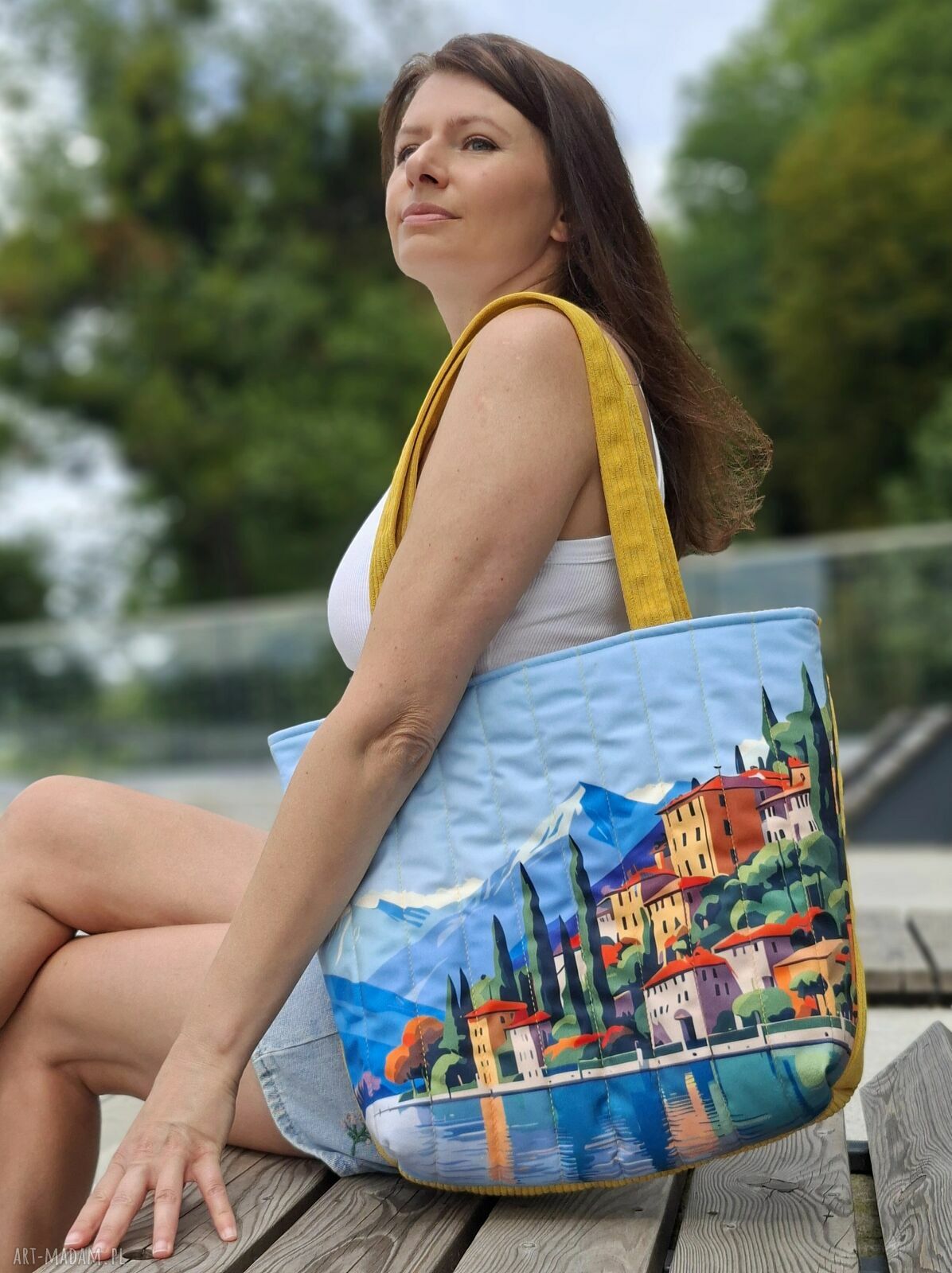 Pikowana duża torba shopper Garda - welurowa na ramię z krajobrazem