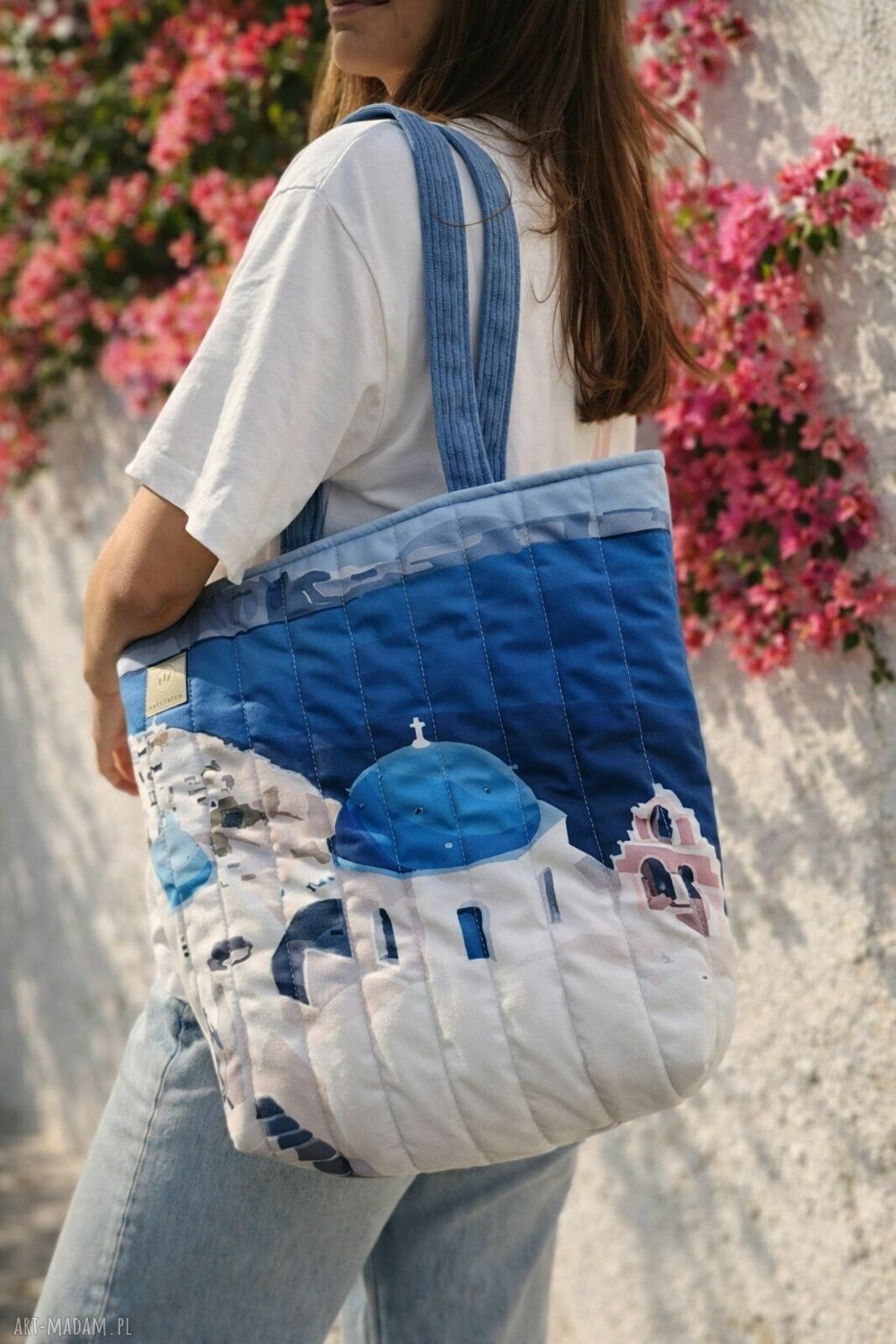 Pikowana duża torba shopper Santorini na ramię z weluru i sztruksu - niebieska, z zamkiem