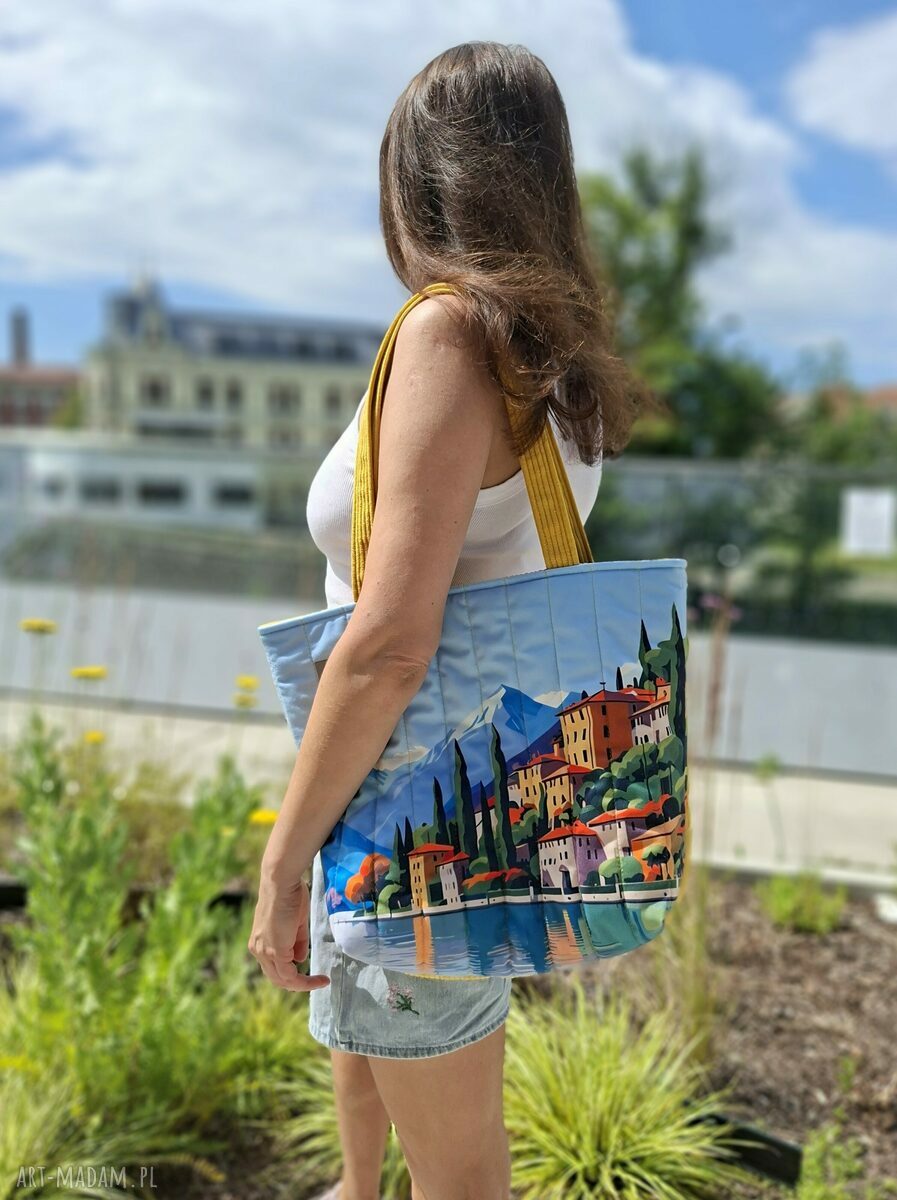 Pikowana duża torba shopper Garda - welurowa na ramię z krajobrazem