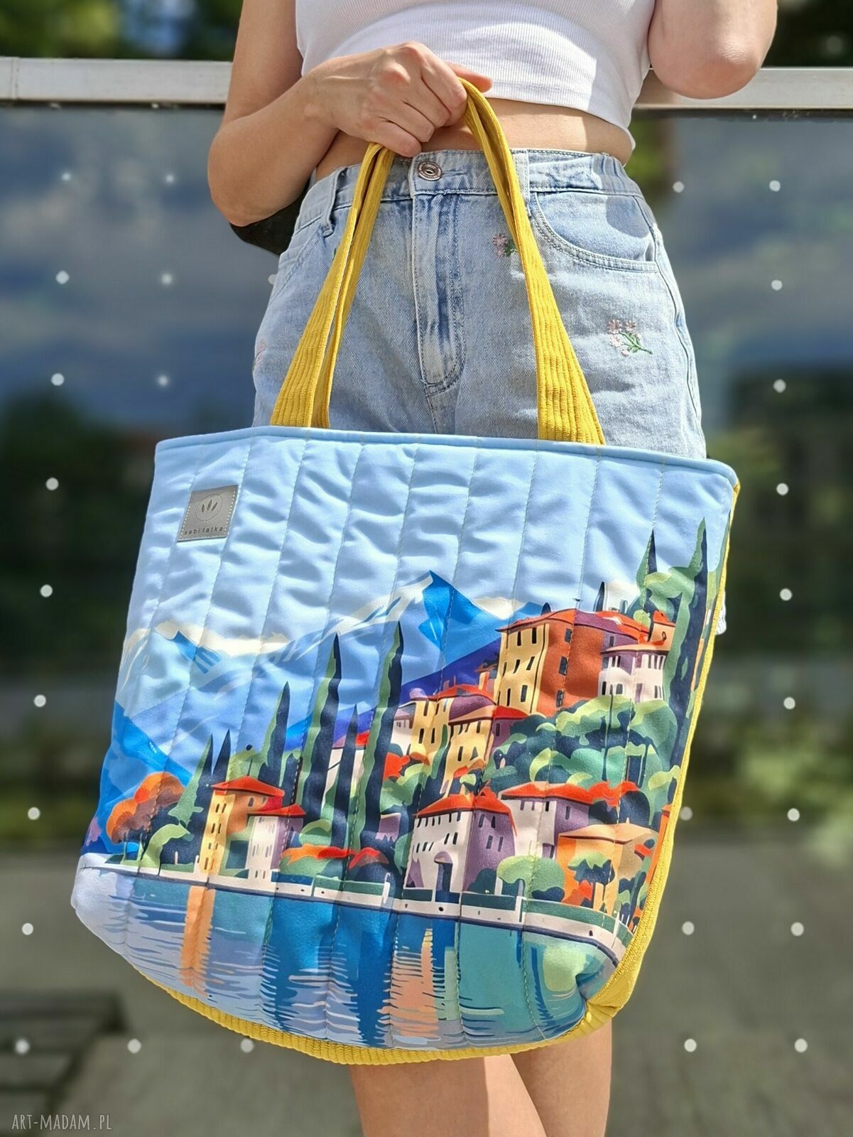 Pikowana duża torba shopper Garda - welurowa na ramię z krajobrazem