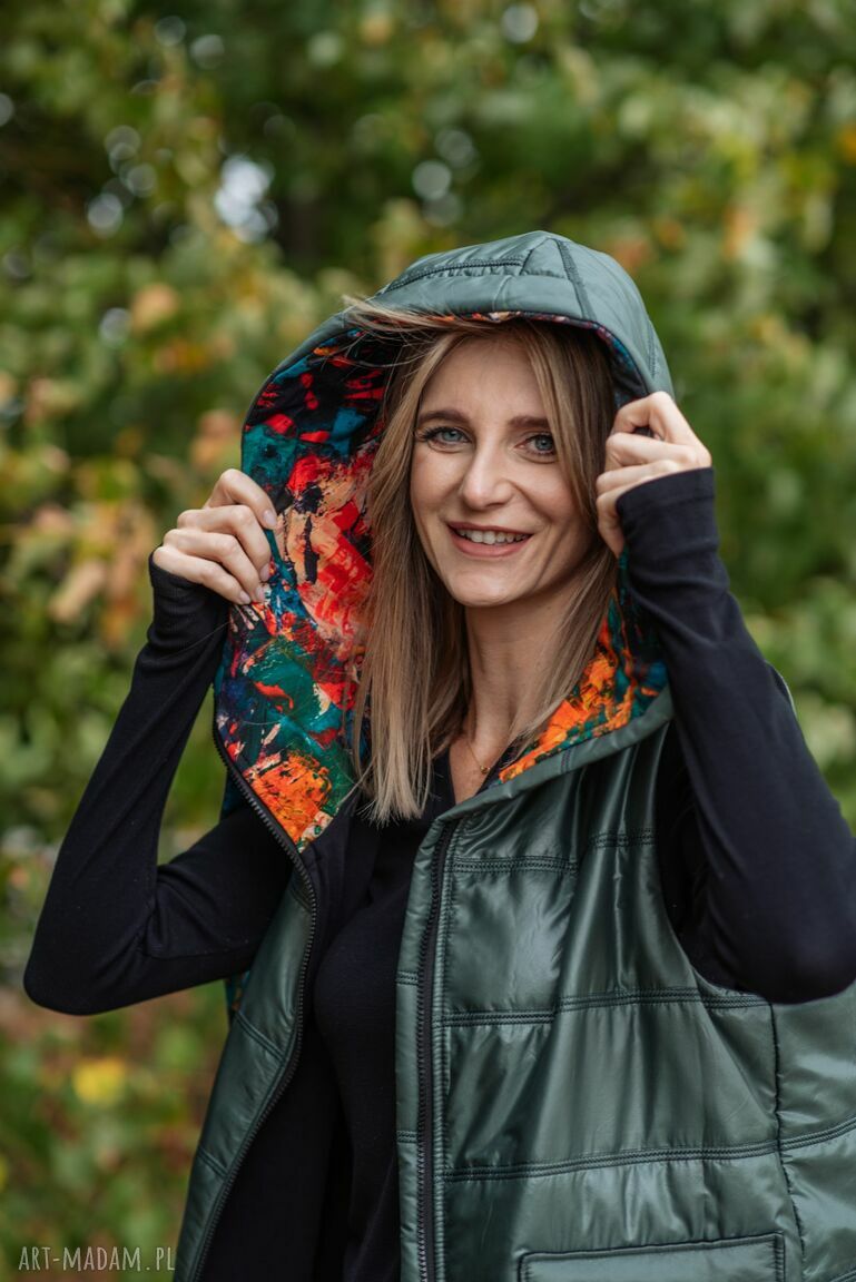 Pikowana kamizelka butelkowa zieleń wzór malarski Hand Made