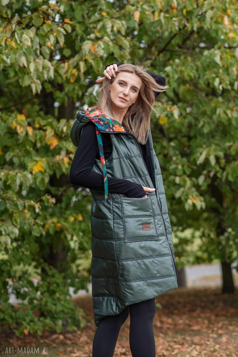 Pikowana kamizelka butelkowa zieleń wzór malarski Hand Made