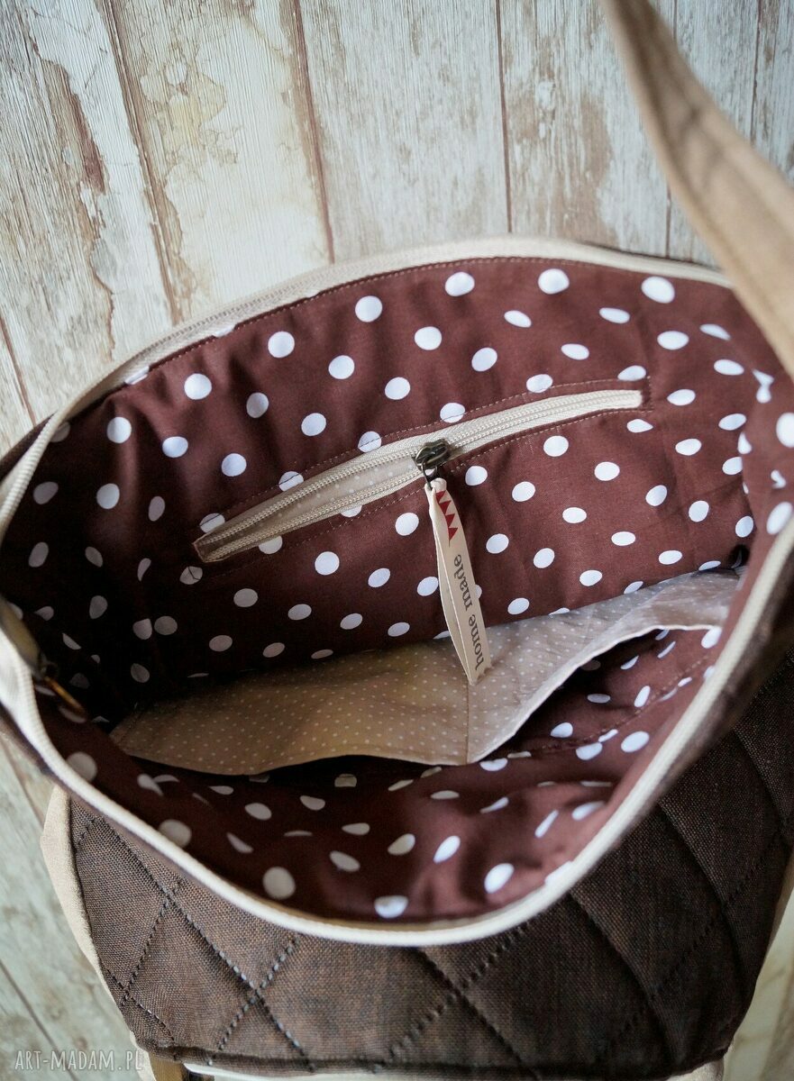 Pikowana torba hobo w brązie - na ramię, groszki handmade
