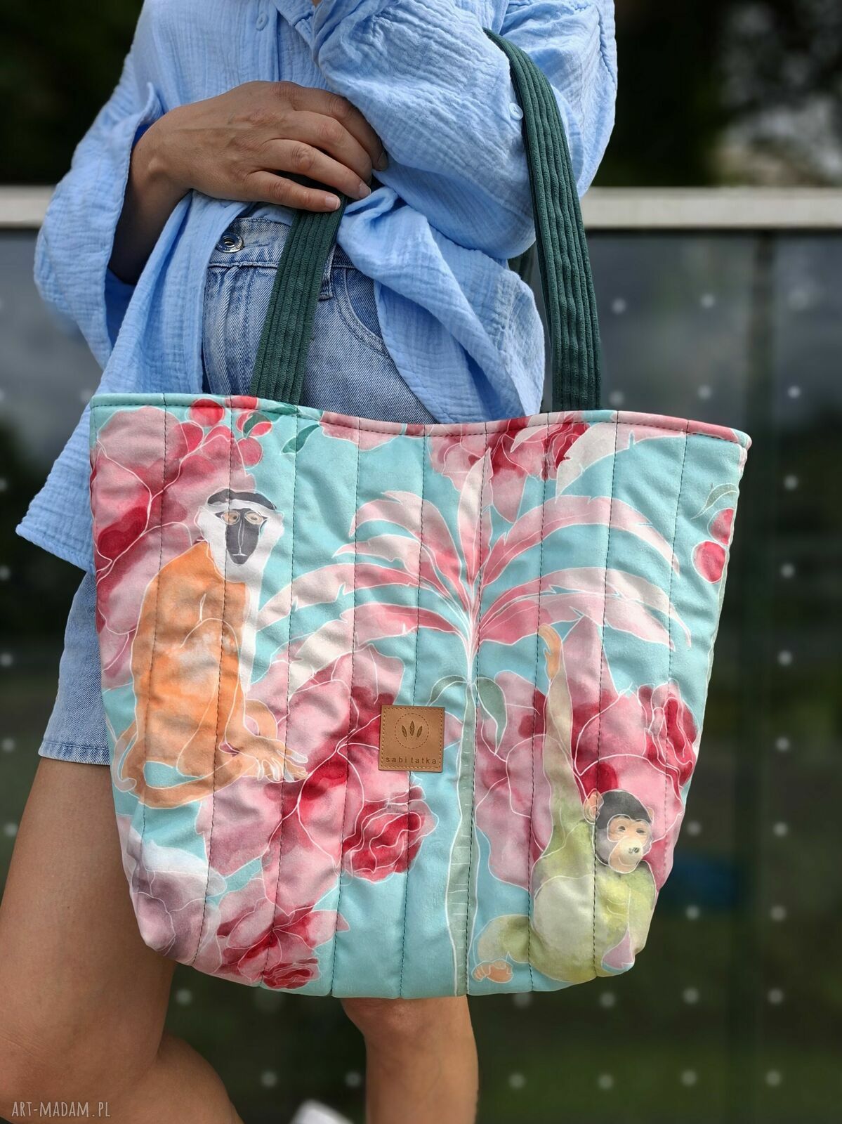 Pikowana torba shopper Kolorowe Małpki na ramię