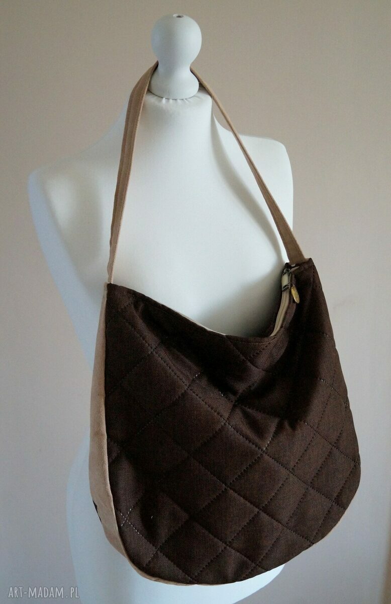 Pikowana torba hobo w brązie - na ramię, groszki handmade