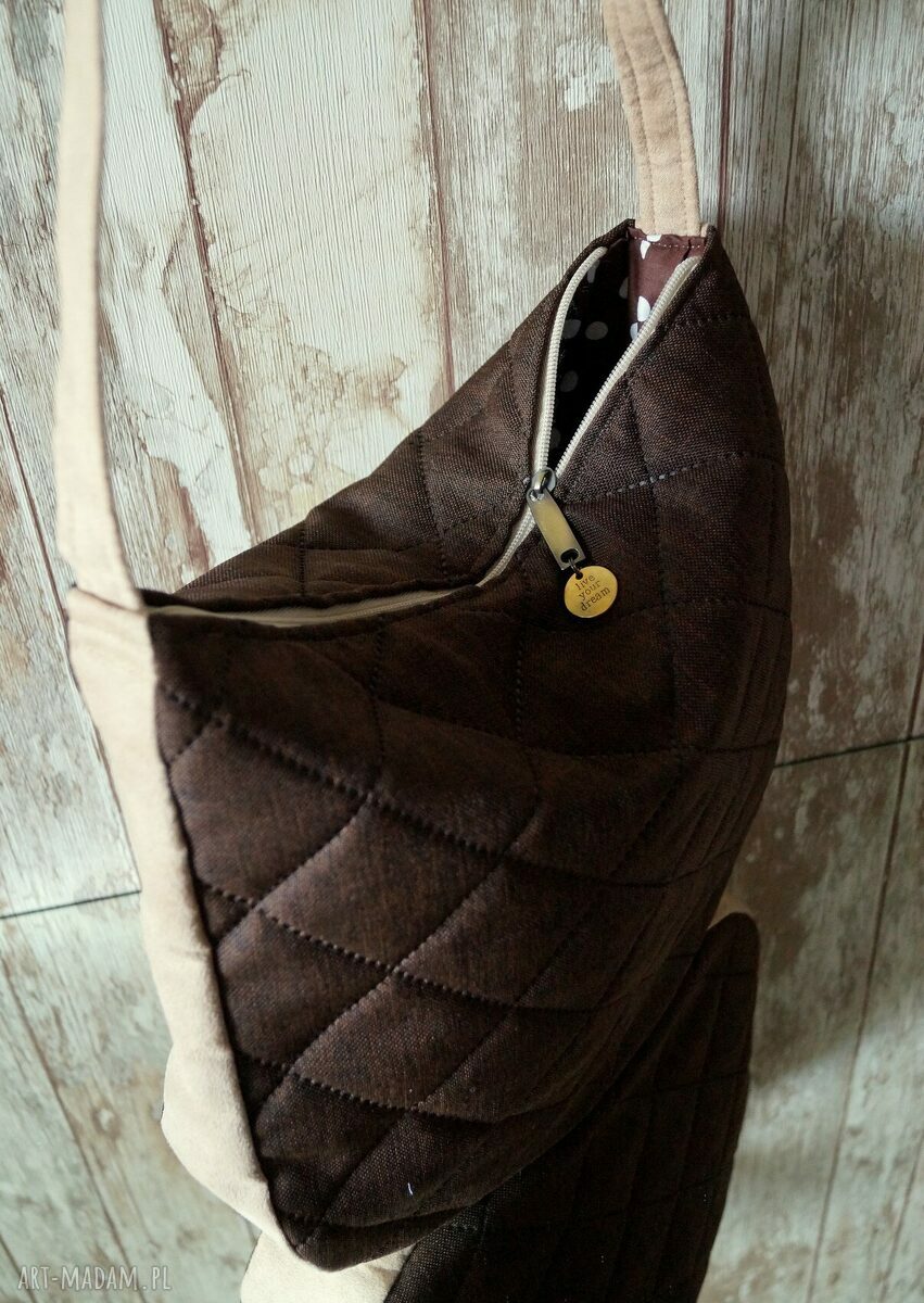 Pikowana torba hobo w brązie - na ramię, groszki handmade