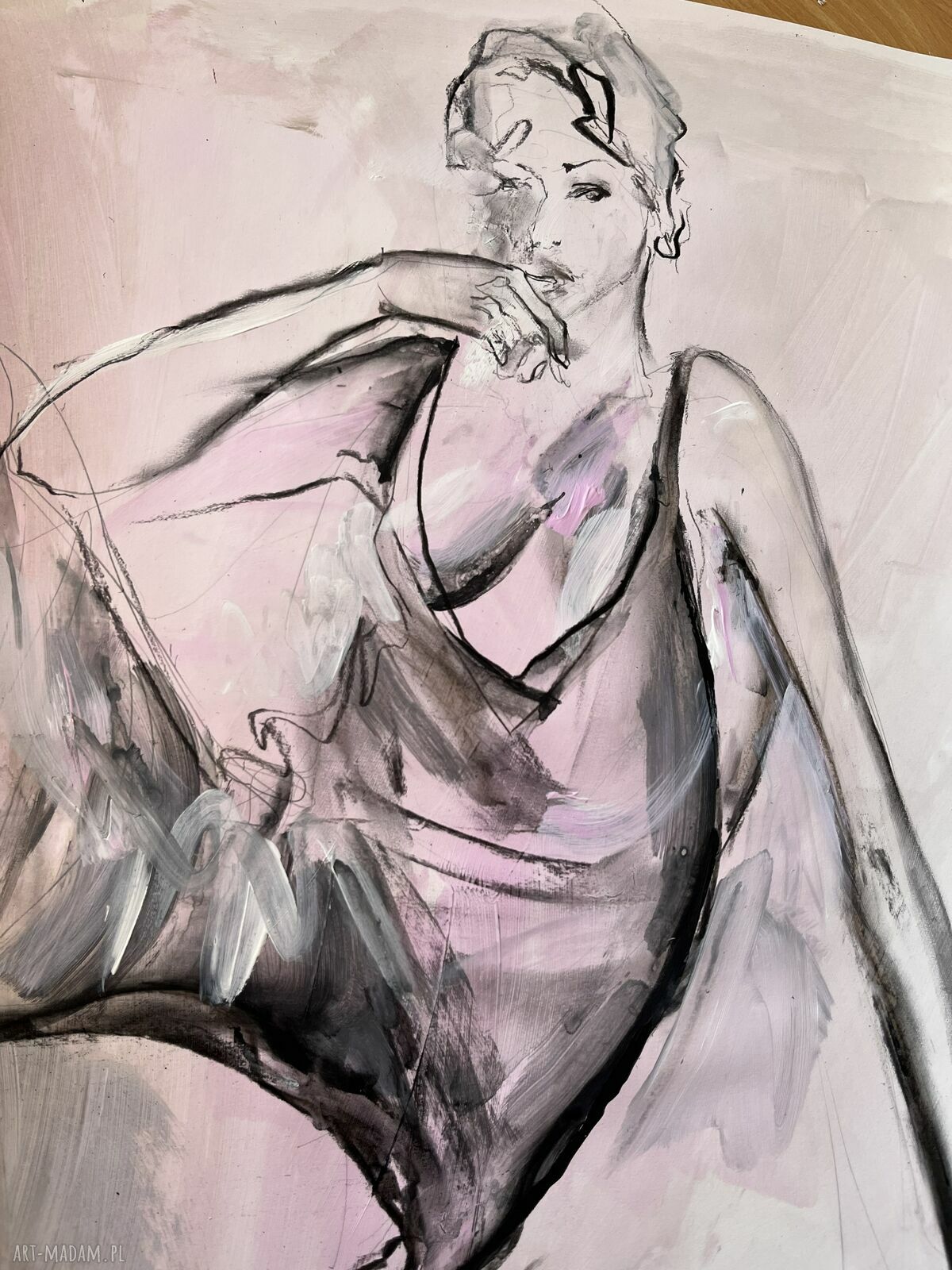 Ręcznie wykonany obraz 50x70 Pink w jasnych różach, szarościach i czerni