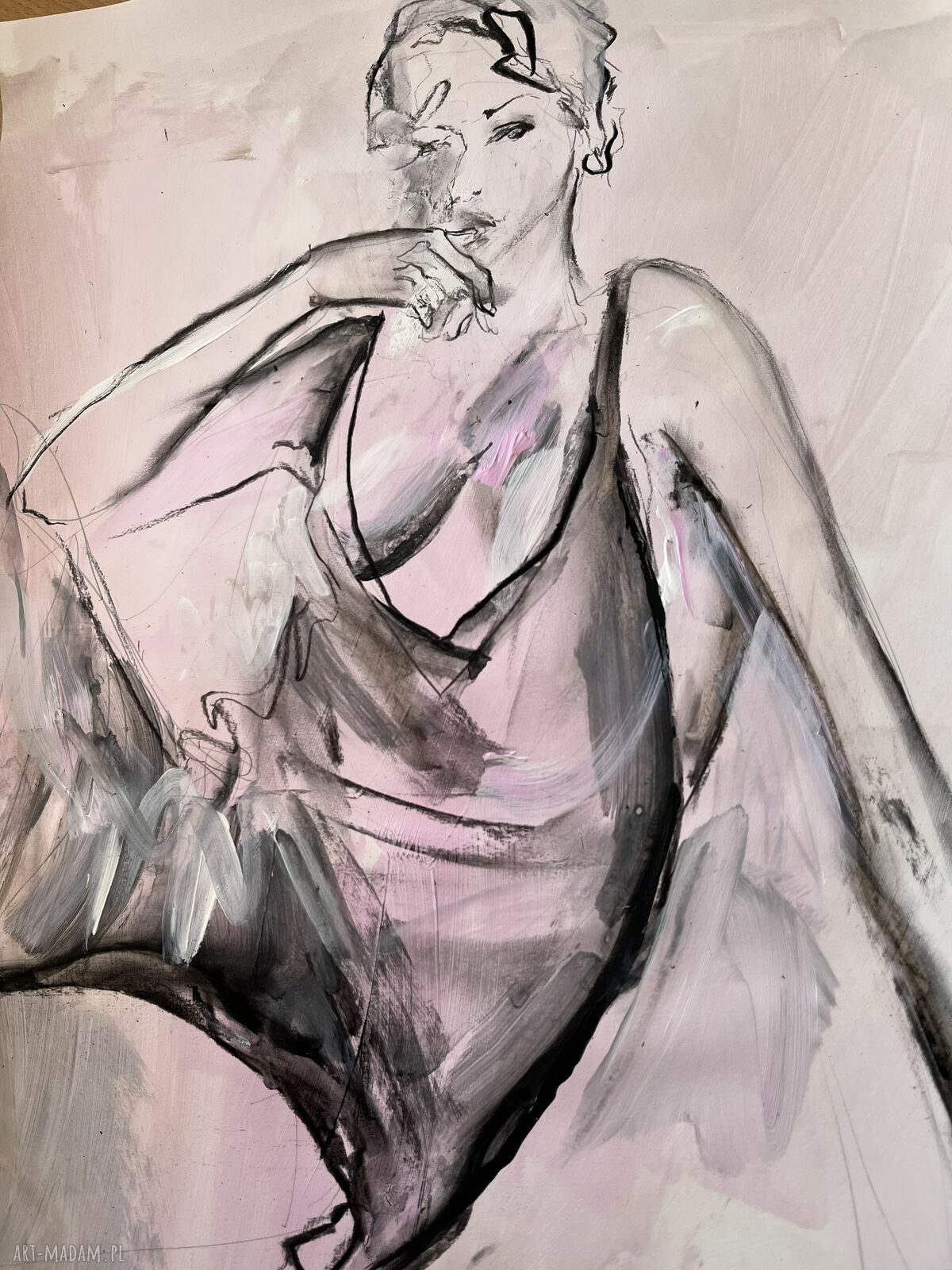 Ręcznie wykonany obraz 50x70 Pink w jasnych różach, szarościach i czerni