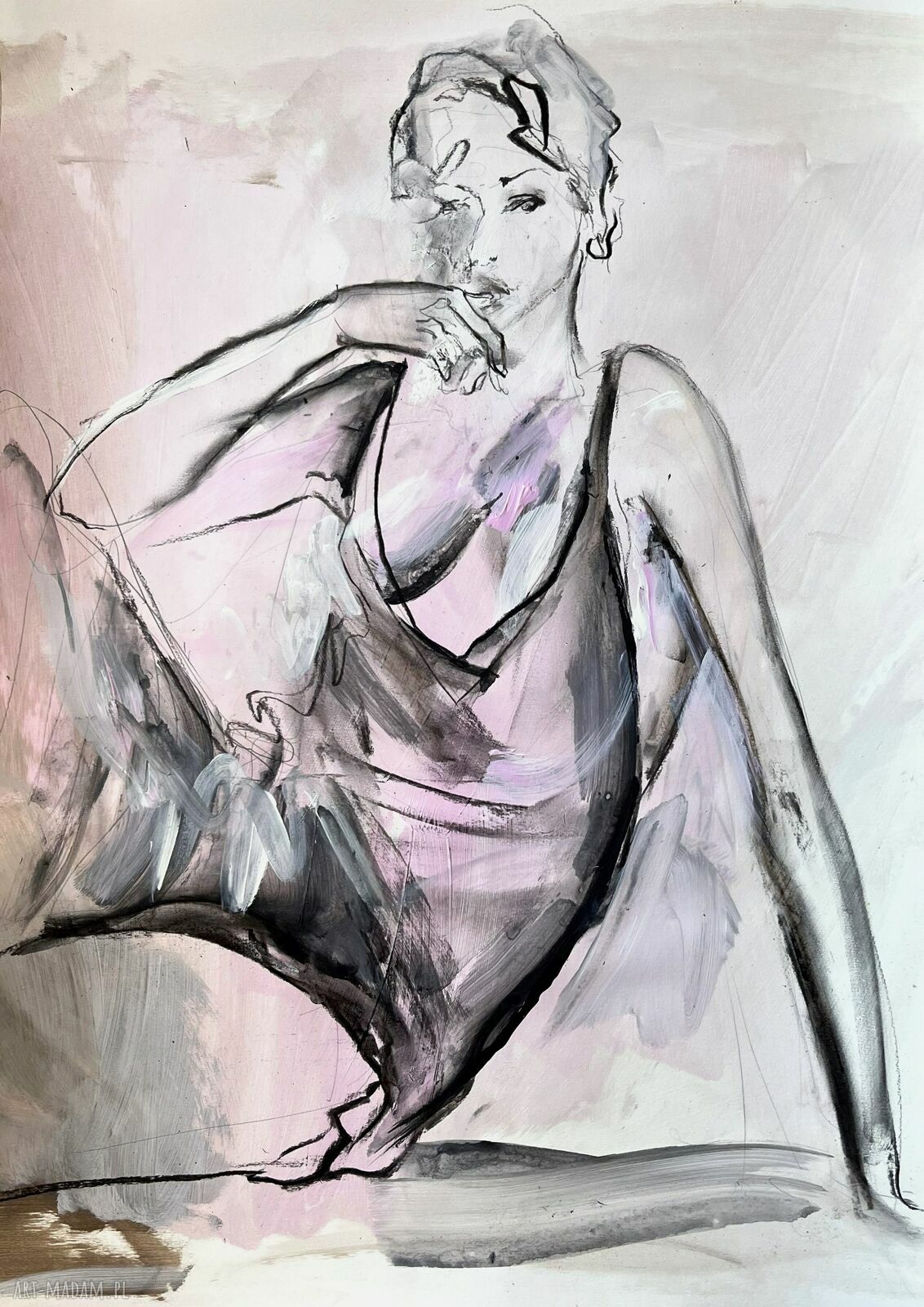 Ręcznie wykonany obraz 50x70 Pink w jasnych różach, szarościach i czerni