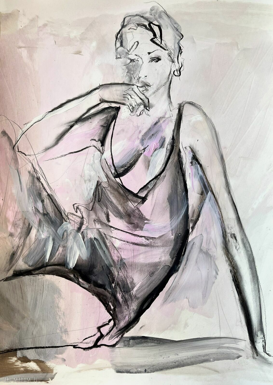 Ręcznie wykonany obraz 50x70 Pink w jasnych różach, szarościach i czerni