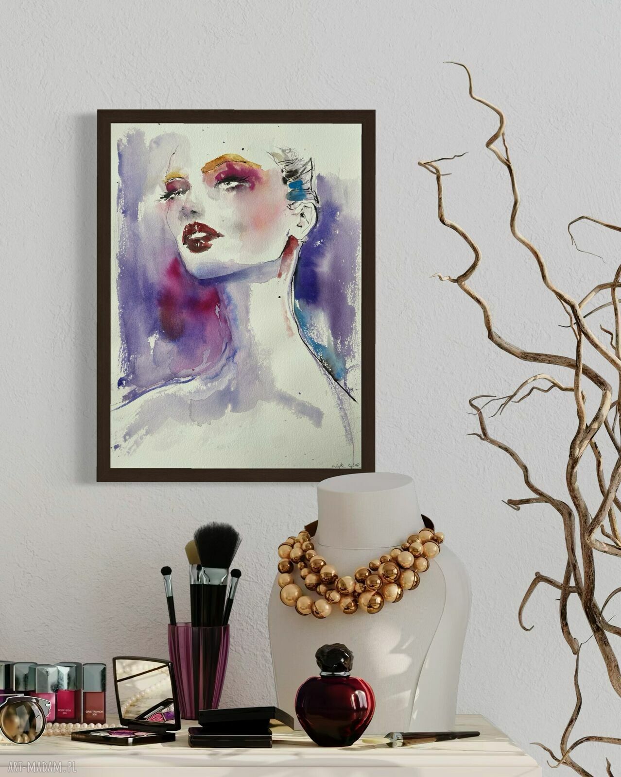 Oryginalna akwarela róż i fiolet - portret kobiety (29,5 x 40,5 cm)