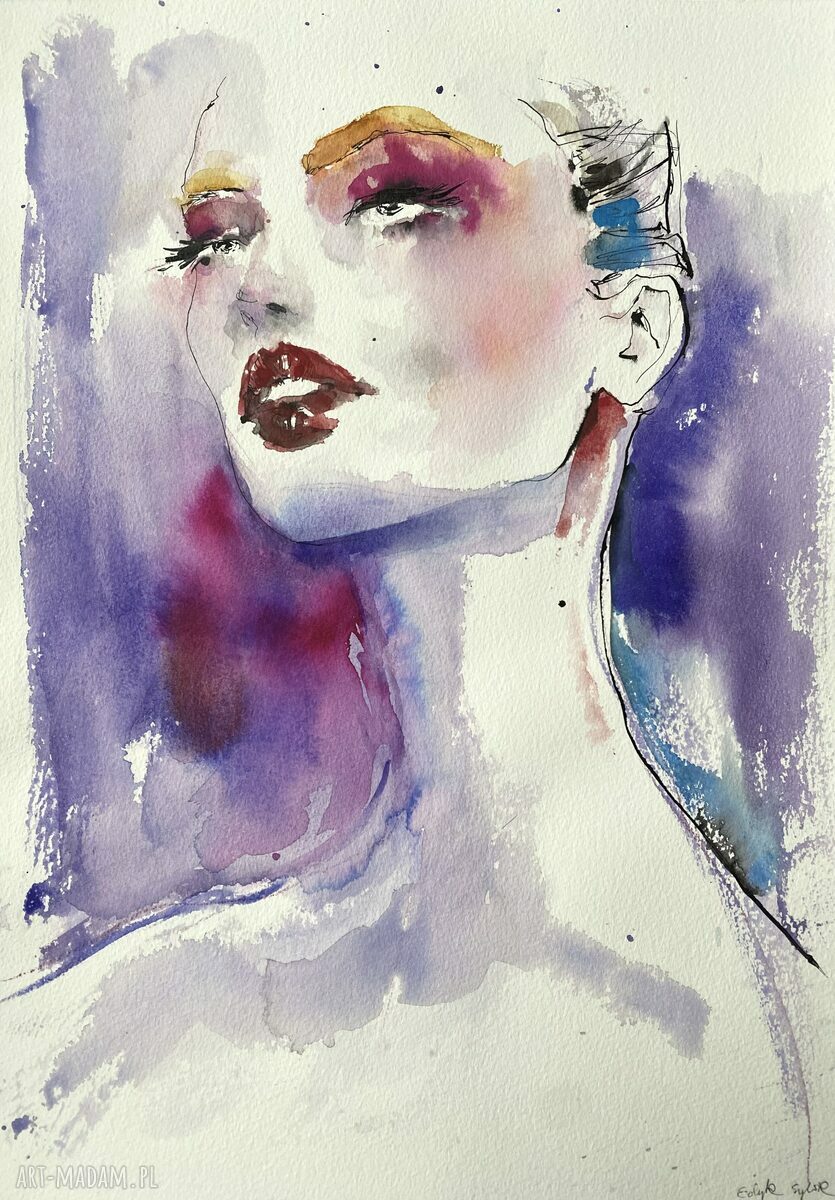 Oryginalna akwarela róż i fiolet - portret kobiety (29,5 x 40,5 cm)