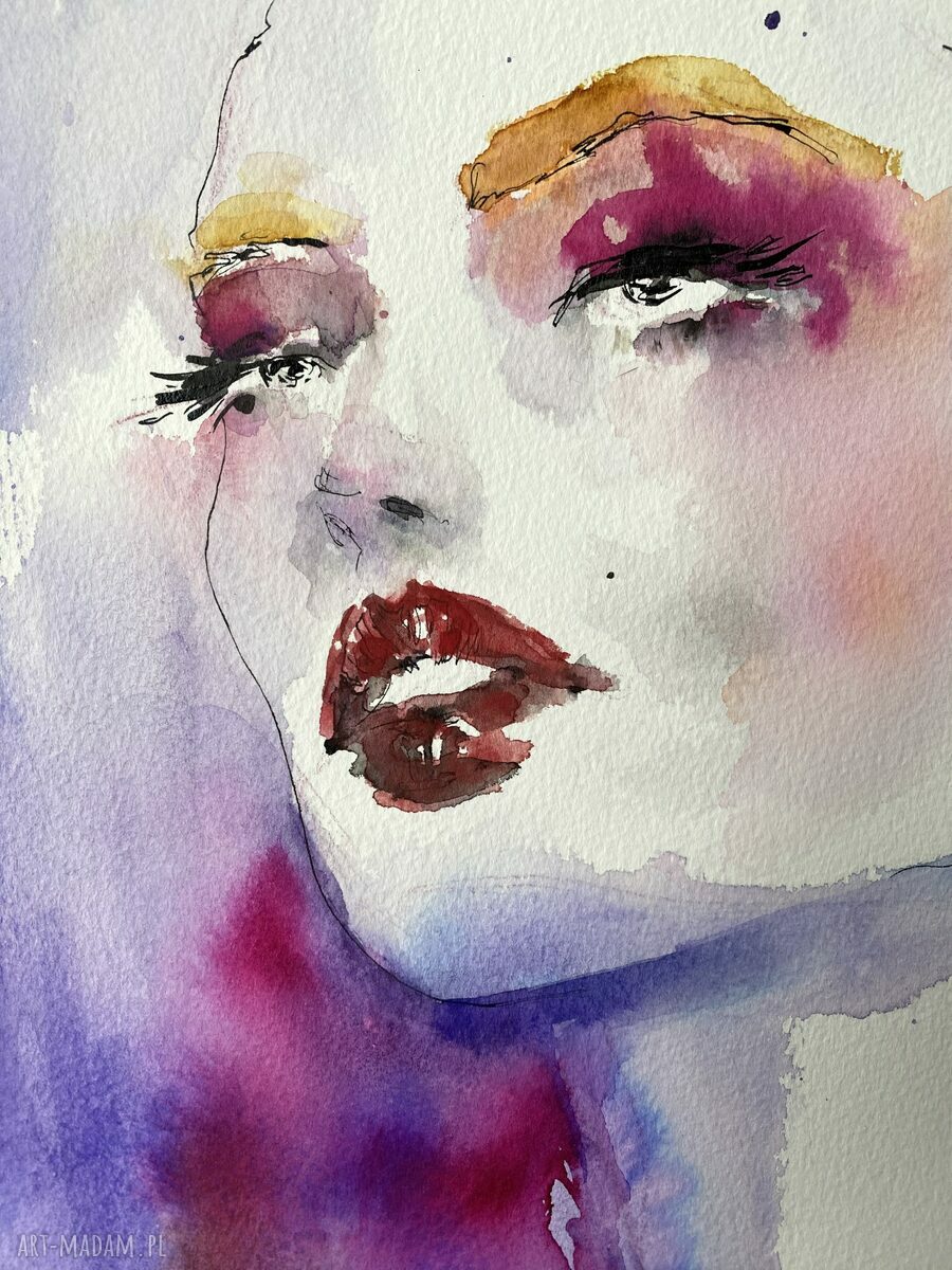 Oryginalna akwarela róż i fiolet - portret kobiety (29,5 x 40,5 cm)
