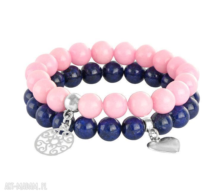 Pink navy blue jadeit serce zestaw dwóch bransoletek gumce