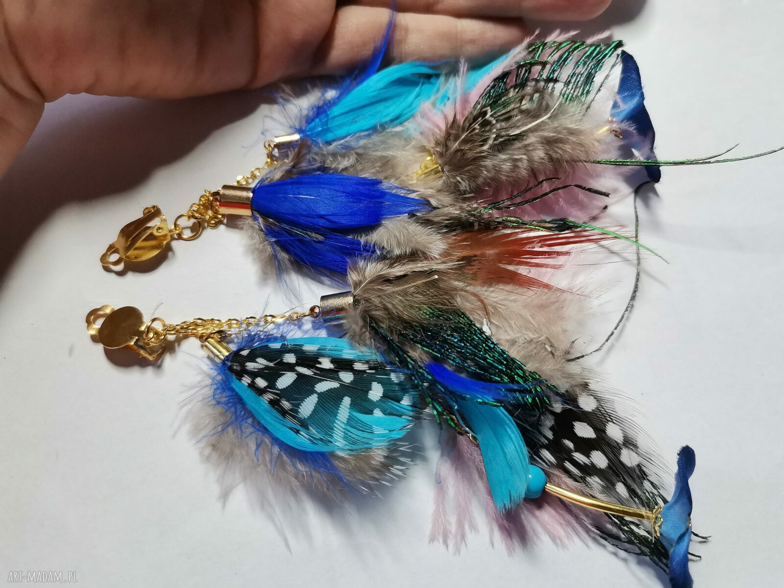 Kolorowe klipsy z piórami etno-boho - folkowe frędzle (handmade)