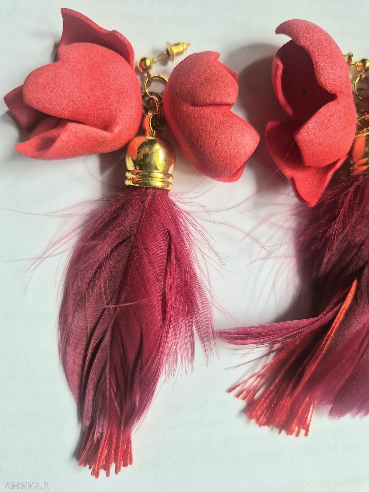 Lekkie klipsy z piórami w stylu boho - handmade Ruda Klara