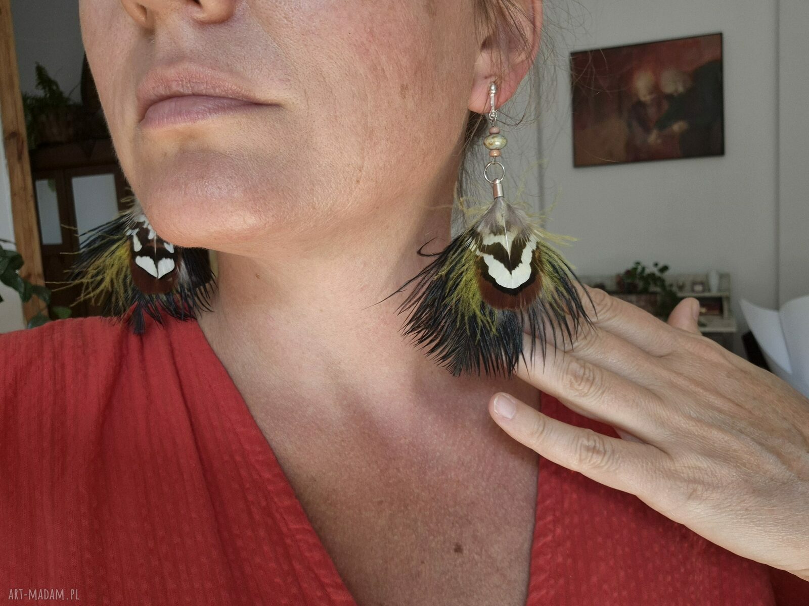 Długie klipsy z piórami Boho Frida - lekkie i etno-folk
