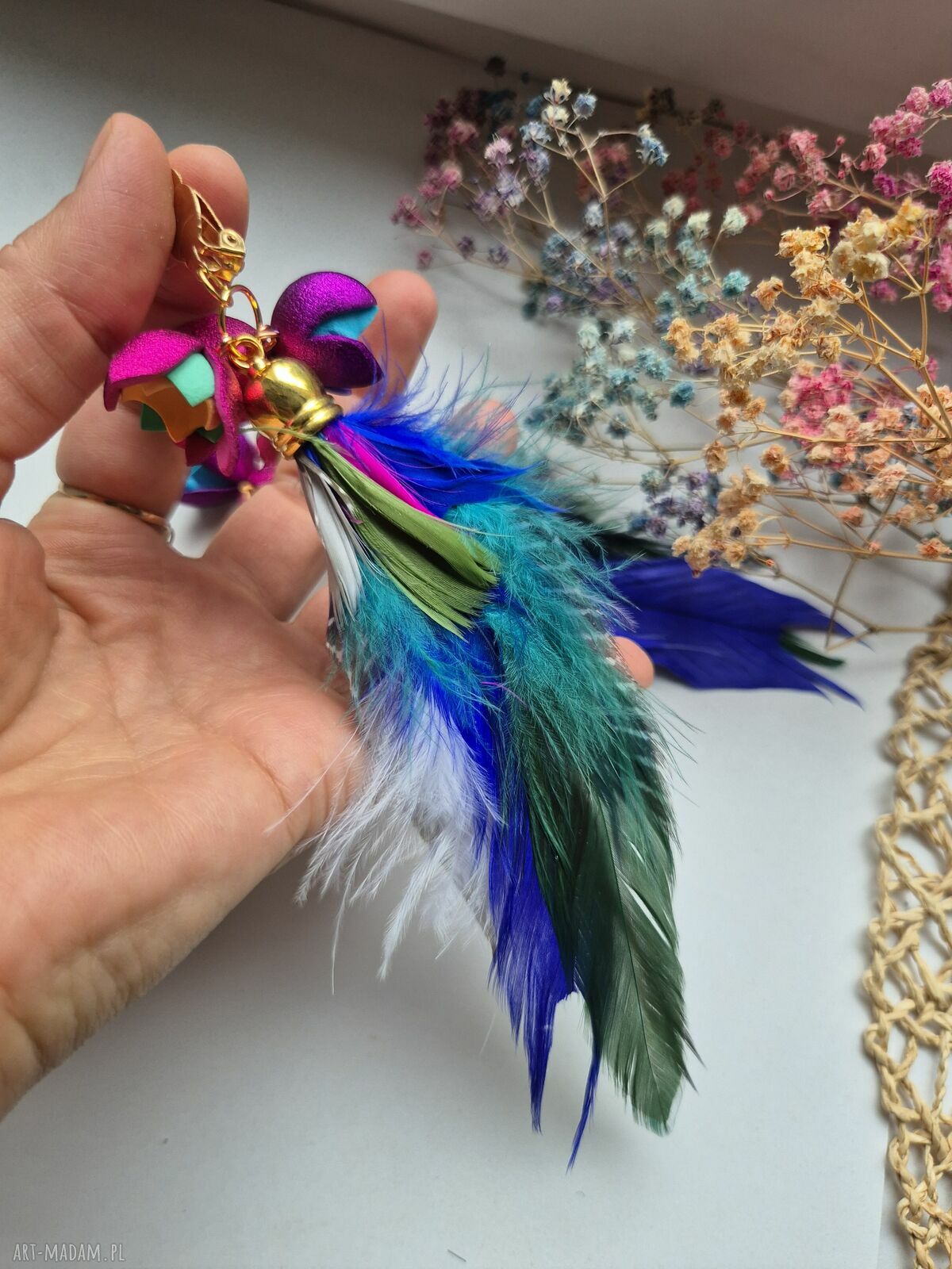 Klipsy z piór boho - lekkie i duże, Ruda Klara
