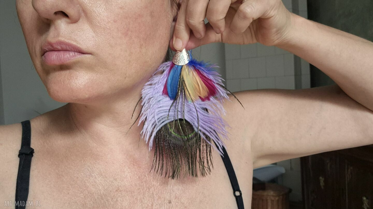 Klipsy z piórami folk etno Frida - lekkie i kolorowe z dwóch stron