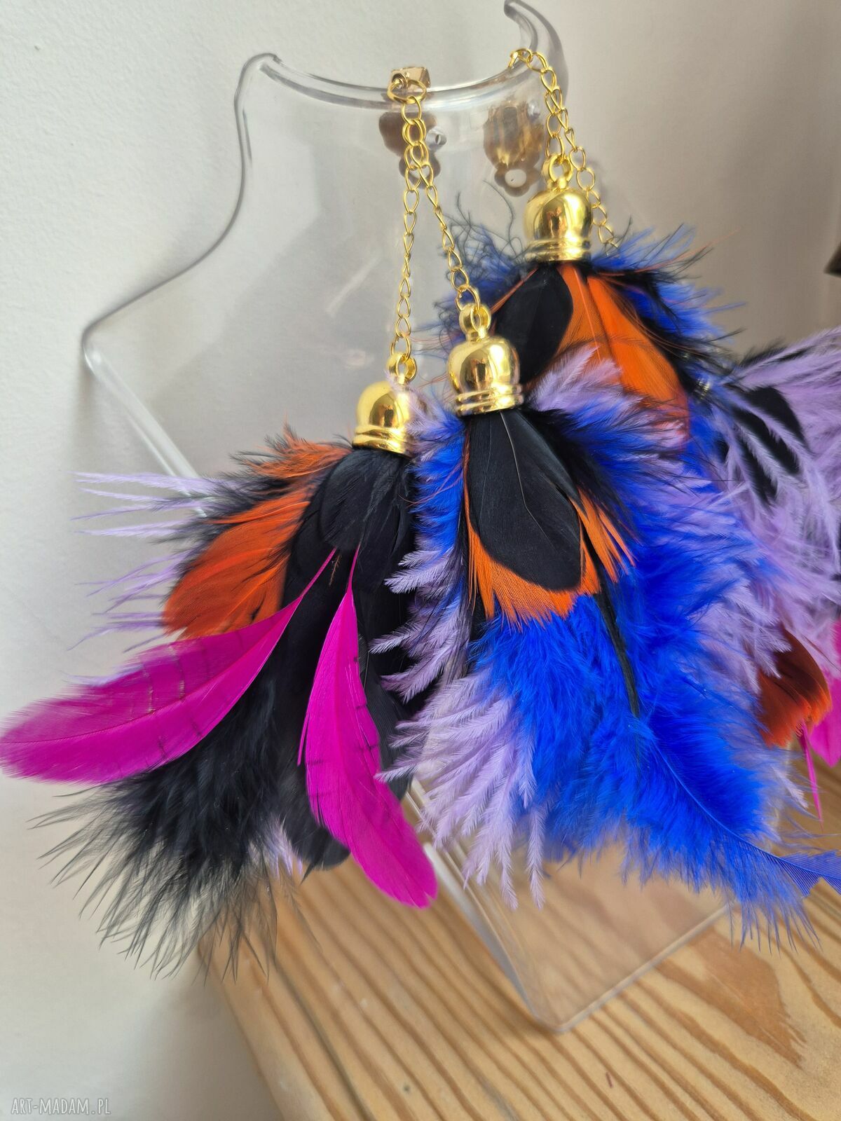 Duże, lekkie piórkowe klipsy boho - wyrazista biżuteria bez przekłuwania