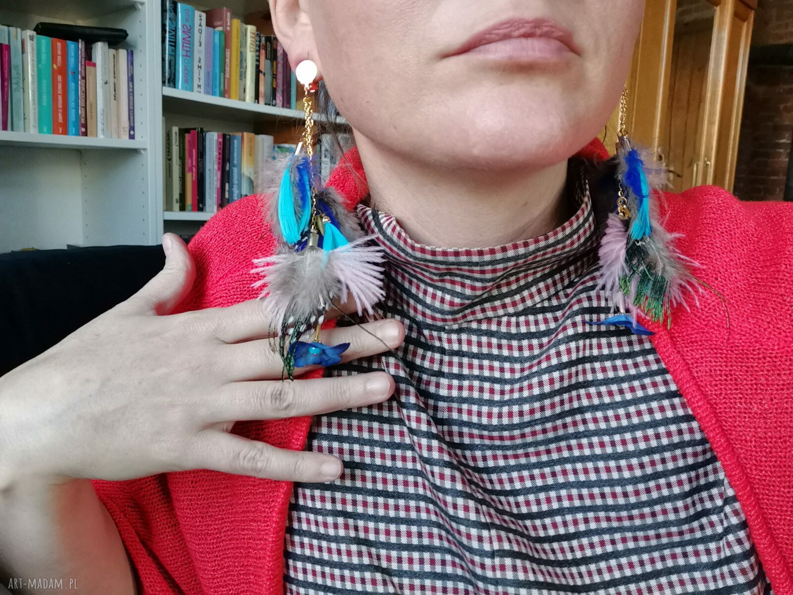 Kolorowe klipsy z piórami etno-boho - folkowe frędzle (handmade)