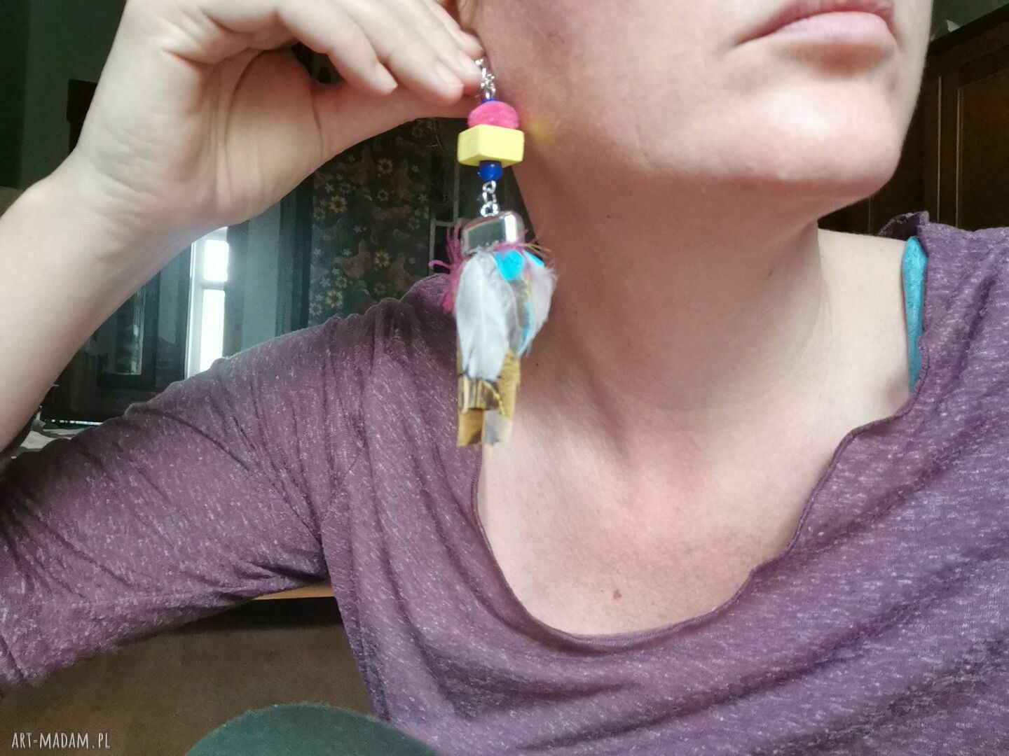 Klipsy pióra i wianki etno boho - lekkie, damskie klipsy