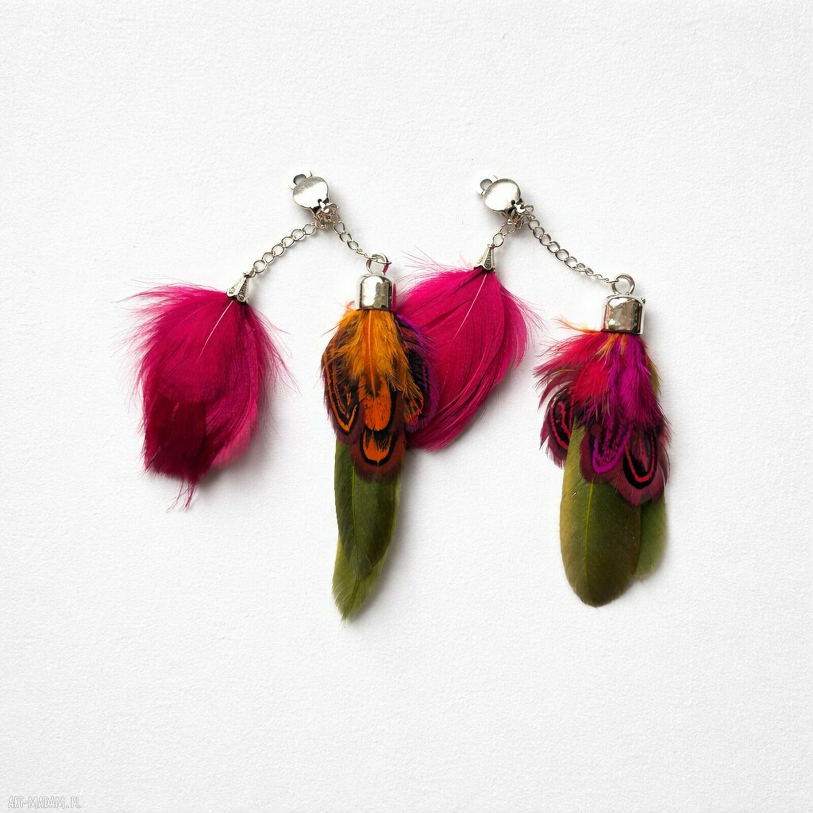 Klipsy pióra kolorowe - etno boho folk Ruda Klara