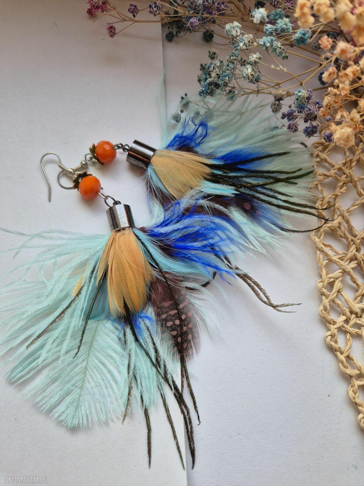Kolczyki pióra Boho Ruda Klara - lekkie i eleganckie