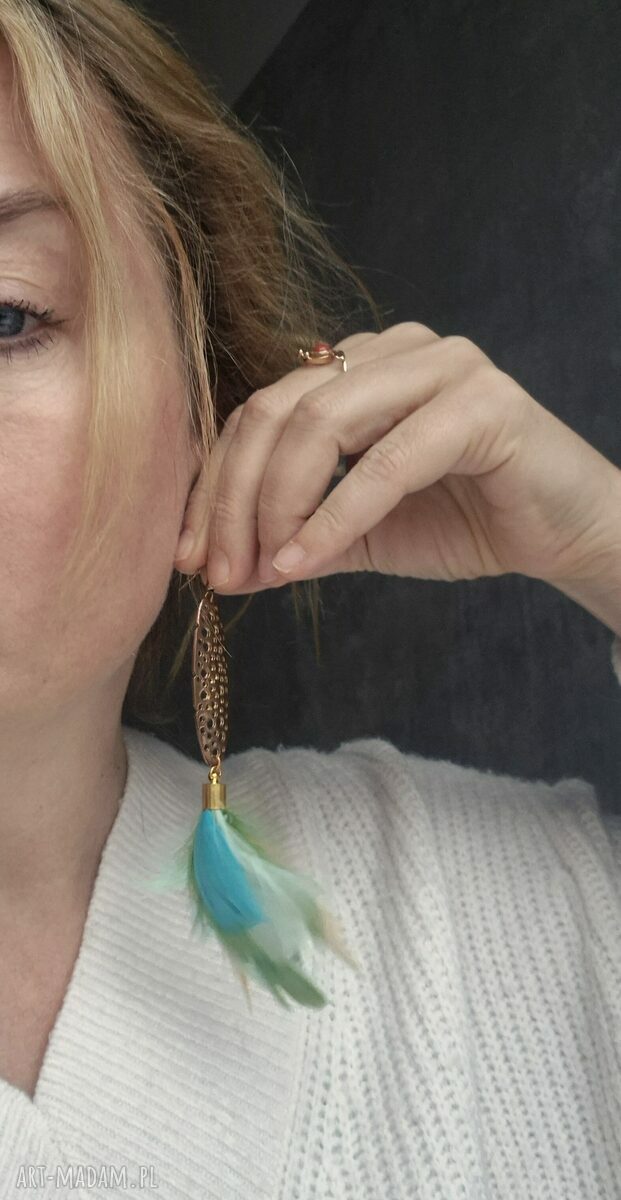 Kolczyki pióra ażurowe w turkusie i zieleni - lekkie boho