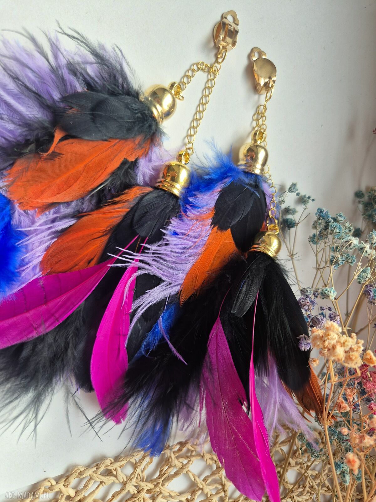 Duże, lekkie piórkowe klipsy boho - wyrazista biżuteria bez przekłuwania