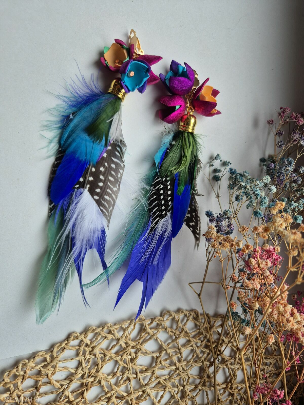 Klipsy z piór boho - lekkie i duże, Ruda Klara
