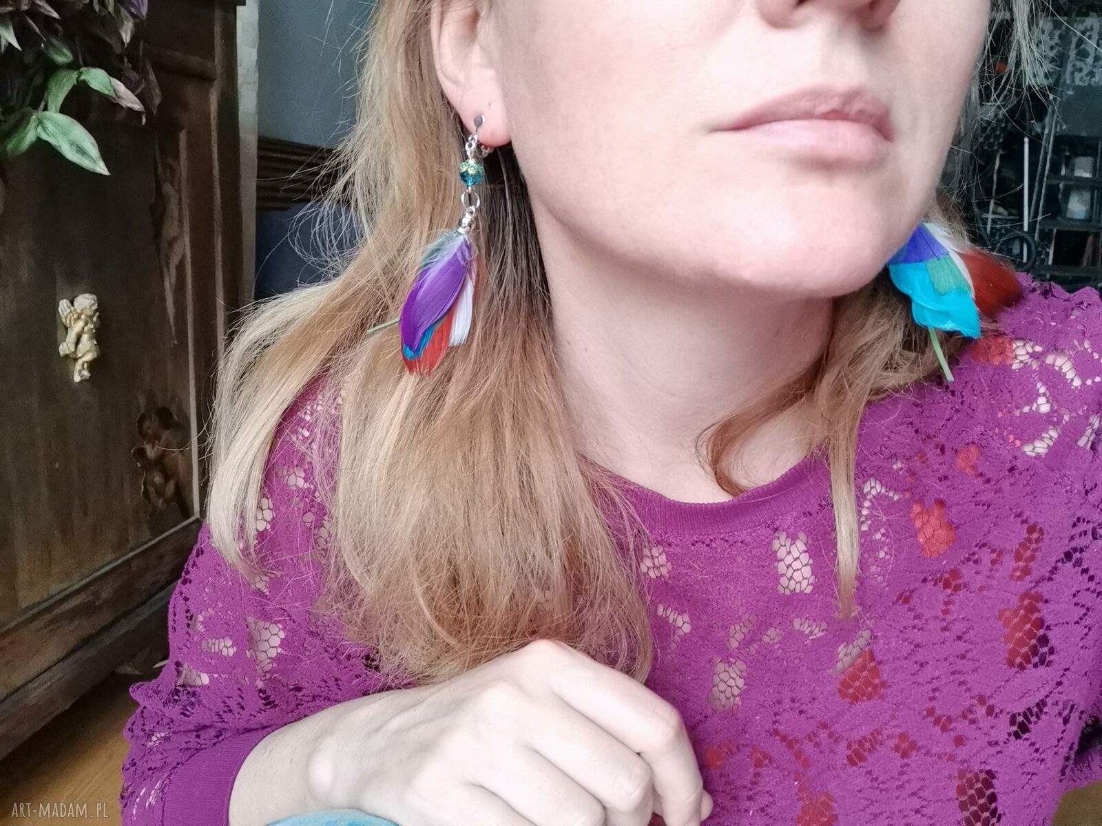 Klipsy pióra etno boho folk - lekkie frędzle