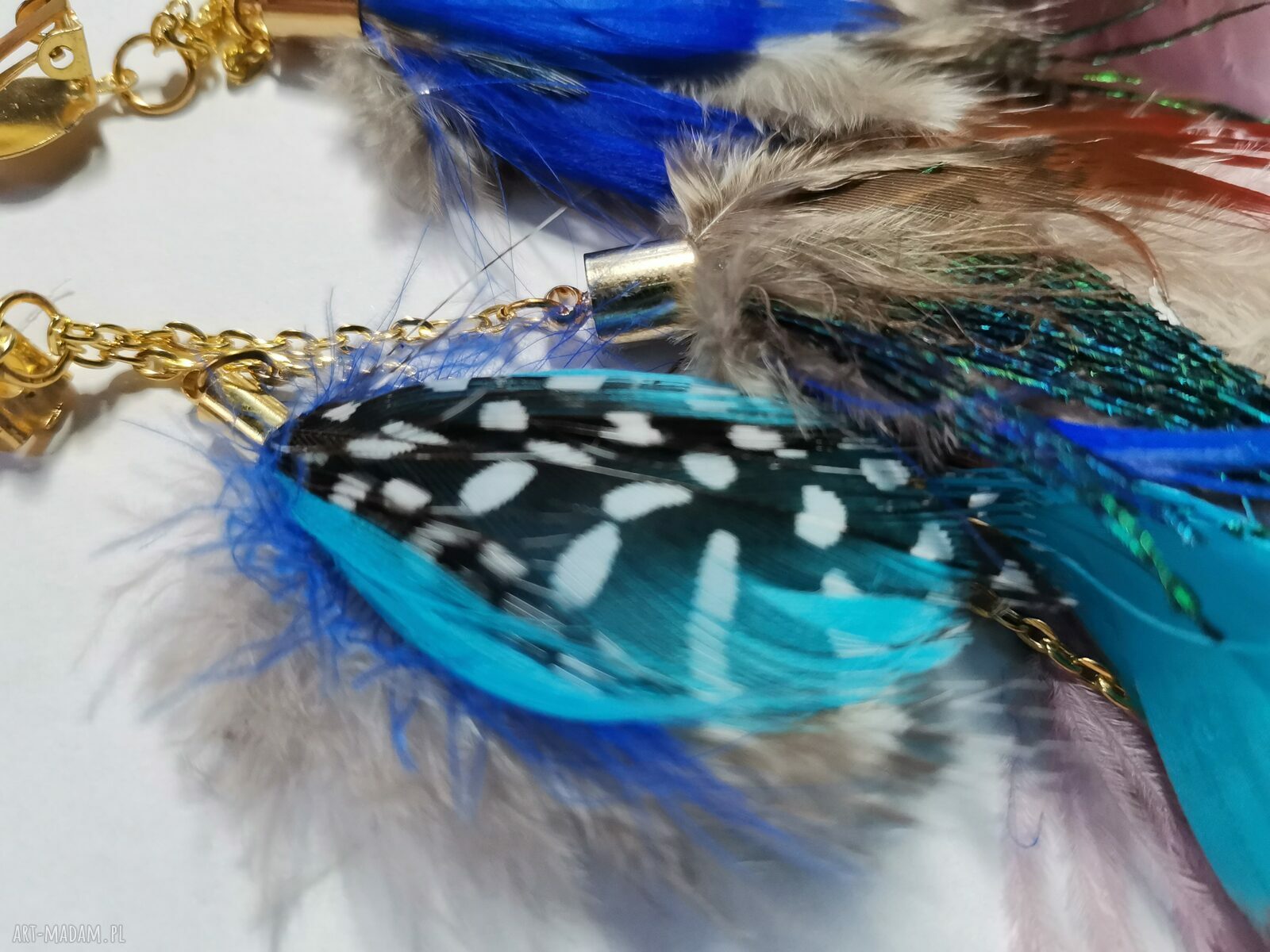 Kolorowe klipsy z piórami etno-boho - folkowe frędzle (handmade)
