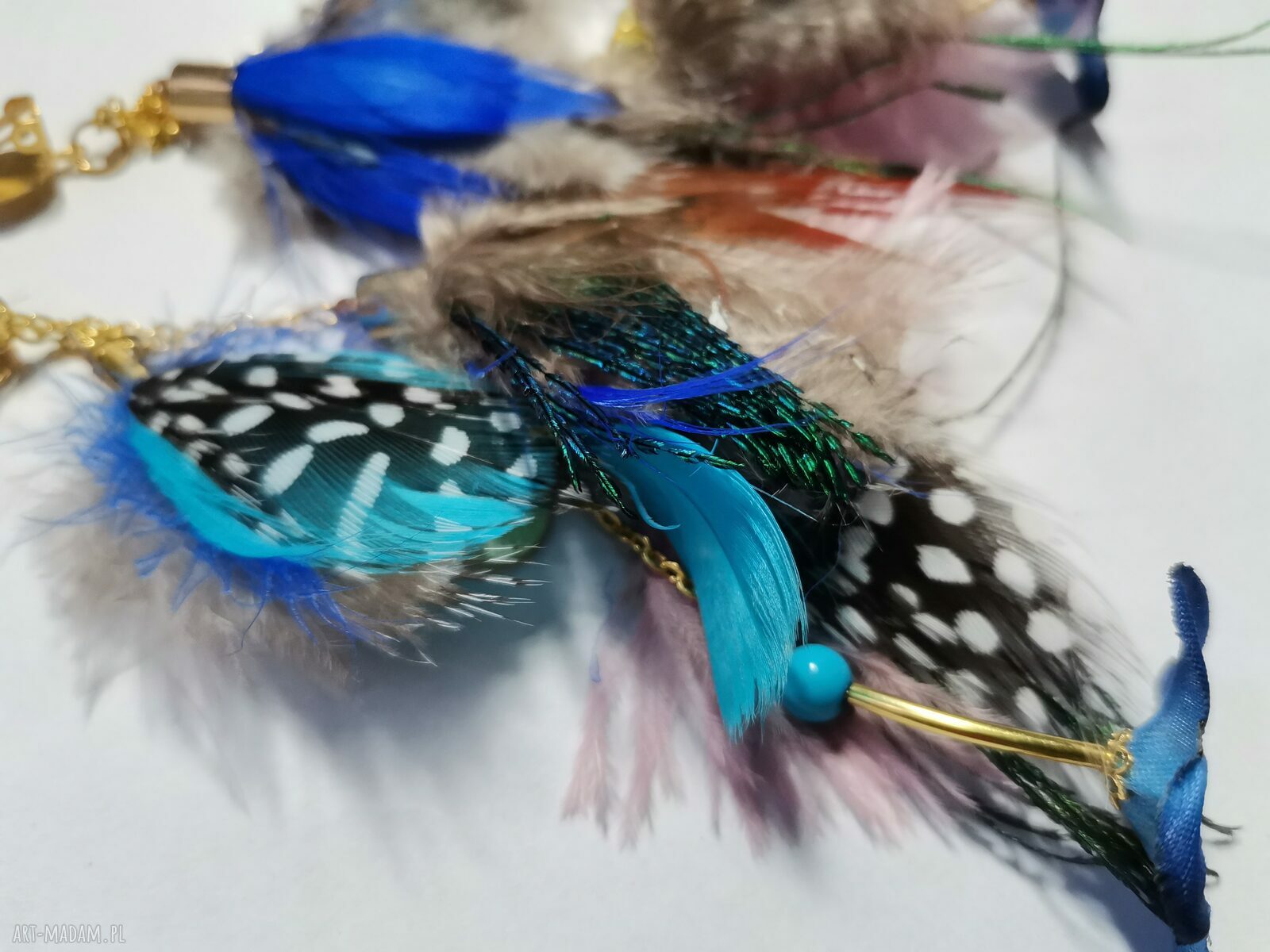 Kolorowe klipsy z piórami etno-boho - folkowe frędzle (handmade)