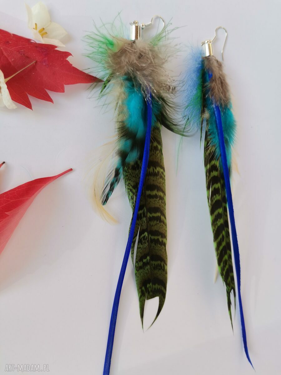 Kolczyki pióra niebieskie lekkie etno boho folk
