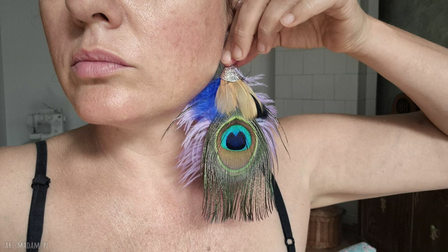 Klipsy z piórami folk etno Frida - lekkie i kolorowe z dwóch stron