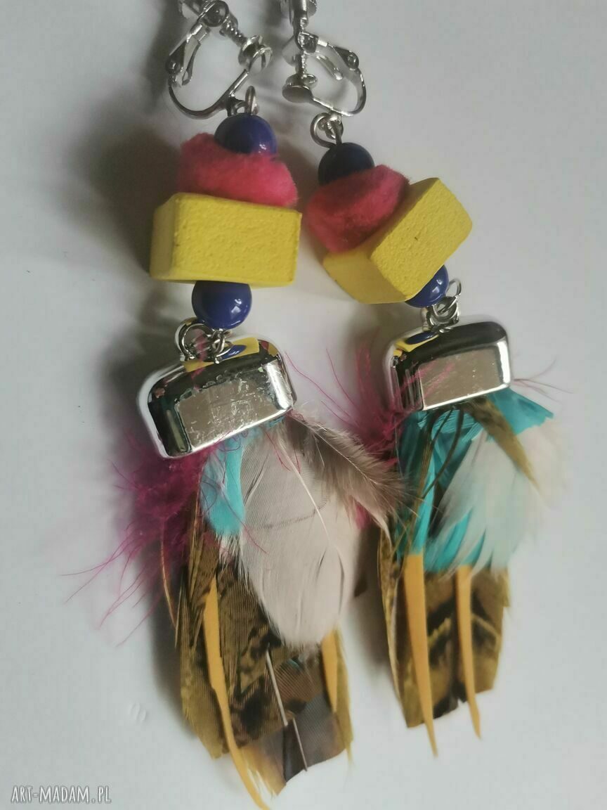 Klipsy pióra i wianki etno boho - lekkie, damskie klipsy