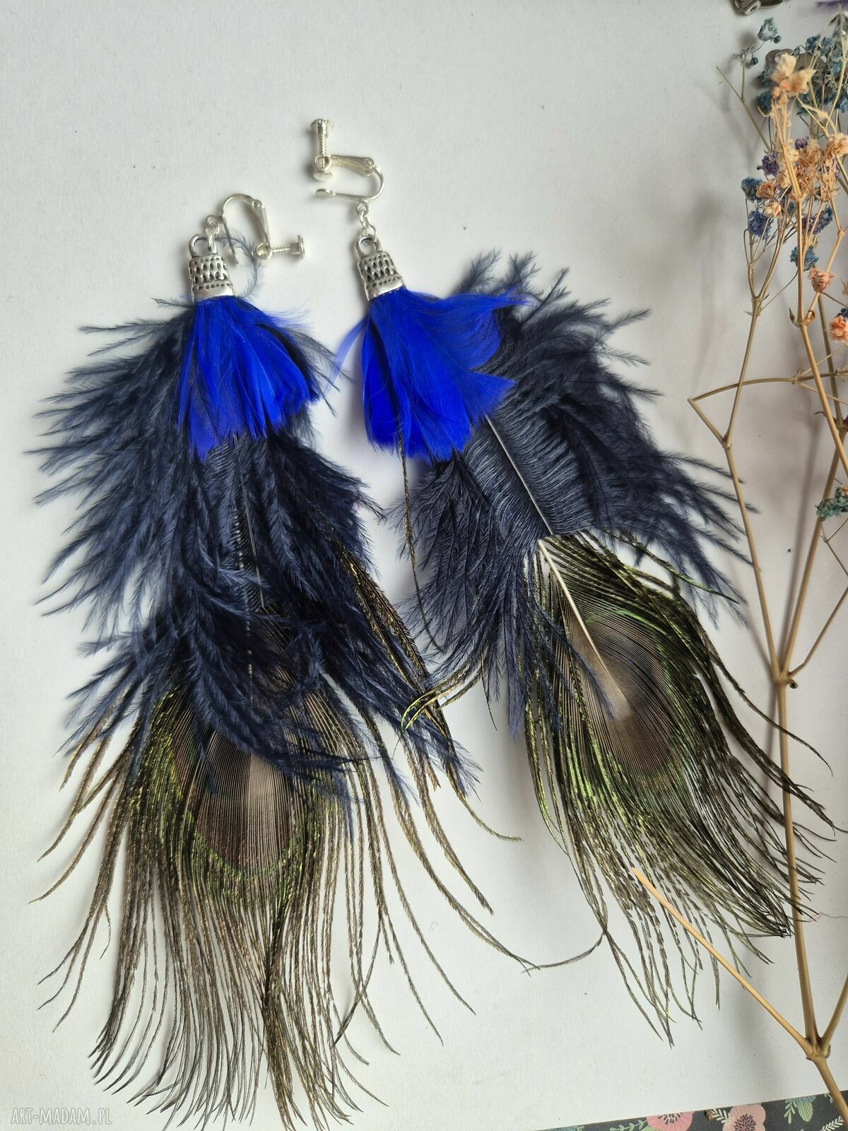 Klipsy z piórami boho - handmade w pojedynczym egzemplarzu