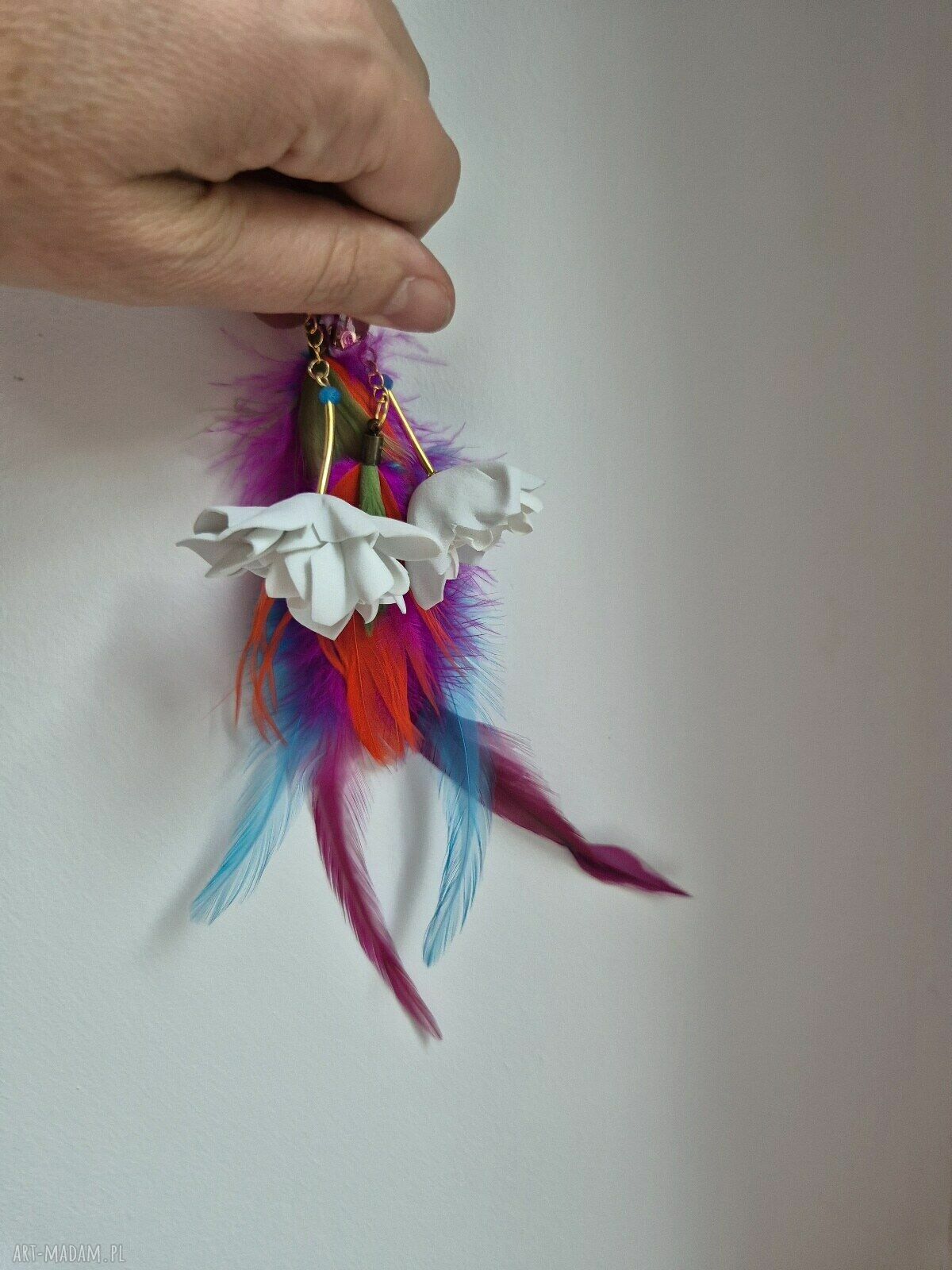 Długie, lekkie klipsy z piórami - ręczne wykonanie w stylu boho