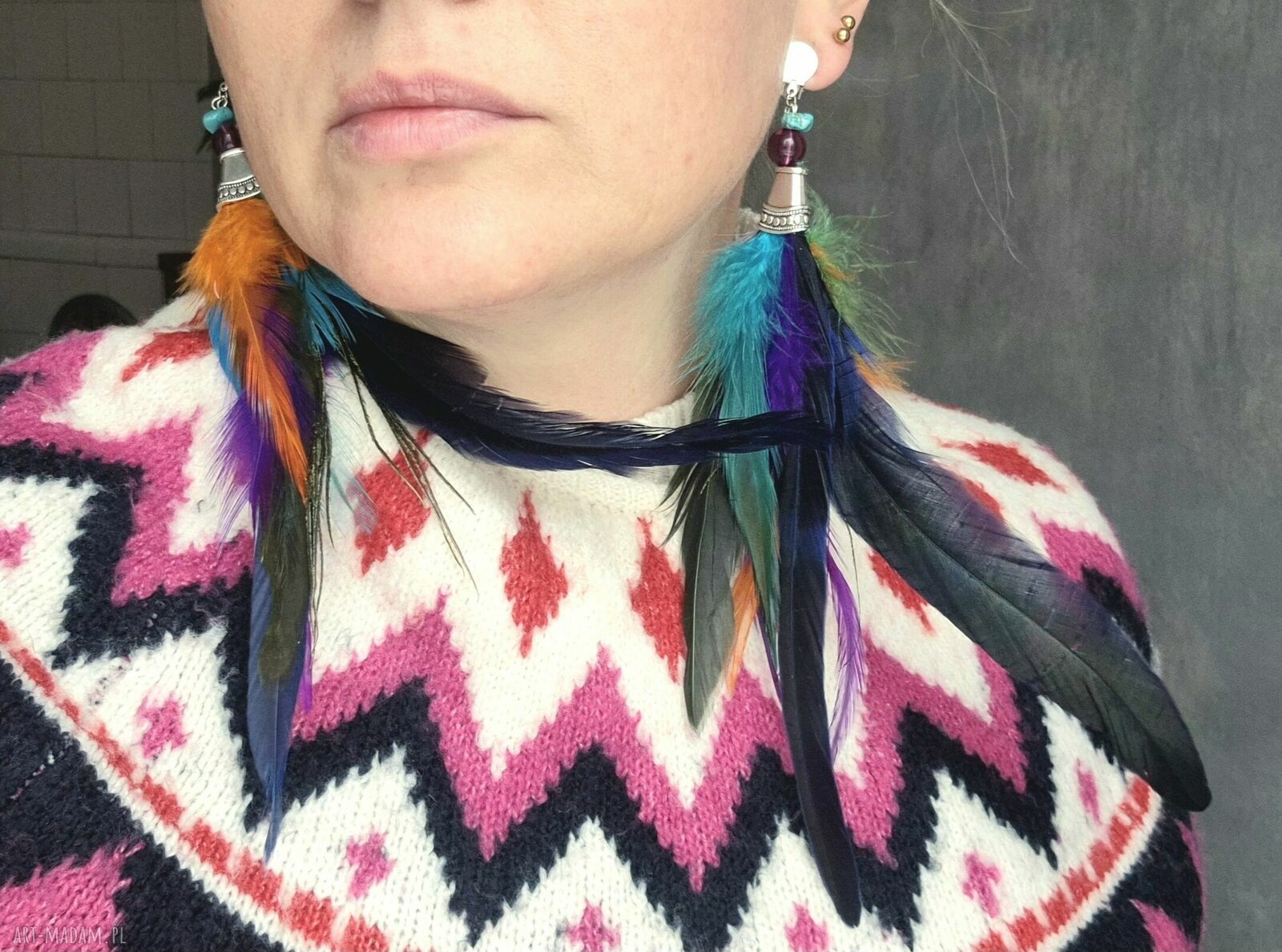 Klipsy pióra folk etno boho - ręcznie robione na klipsy (unikat)