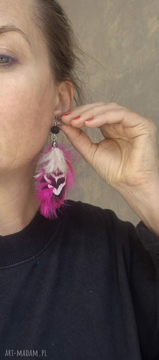 Klipsy z piórami amarantowe - leciutkie, kolorowe i duże (boho Frida)