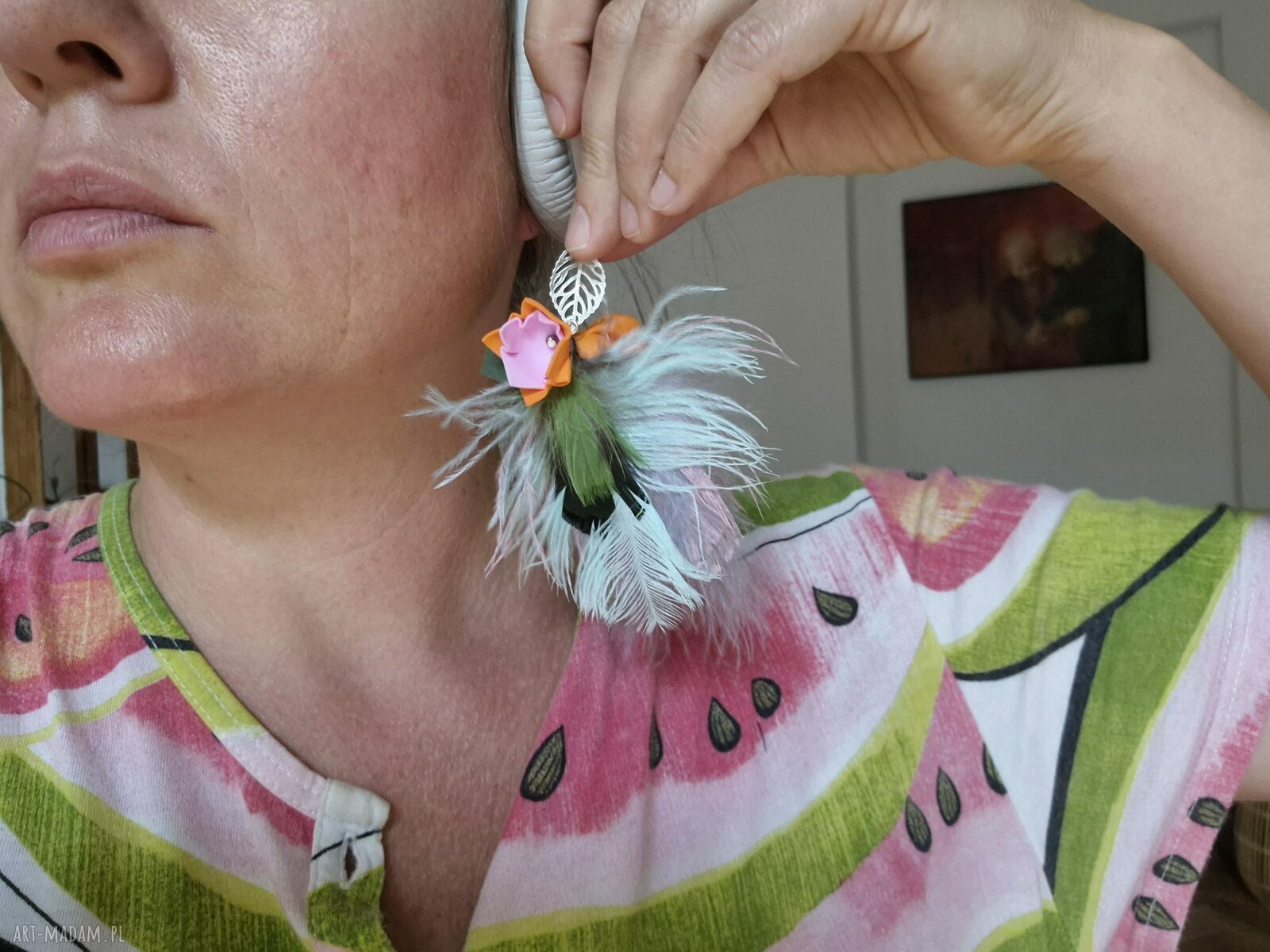 Klipsy z piórami - lekkie i długie boho etno folk Ruda Klara
