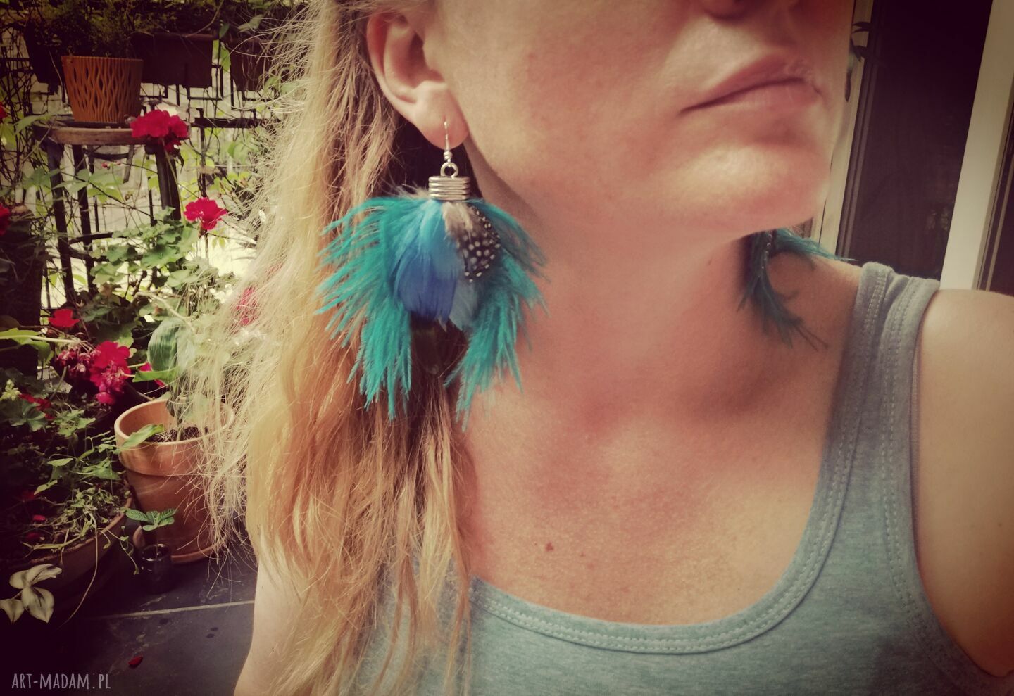 Kolczyki pióra etno boho folk turkusowe - Ruda Klara