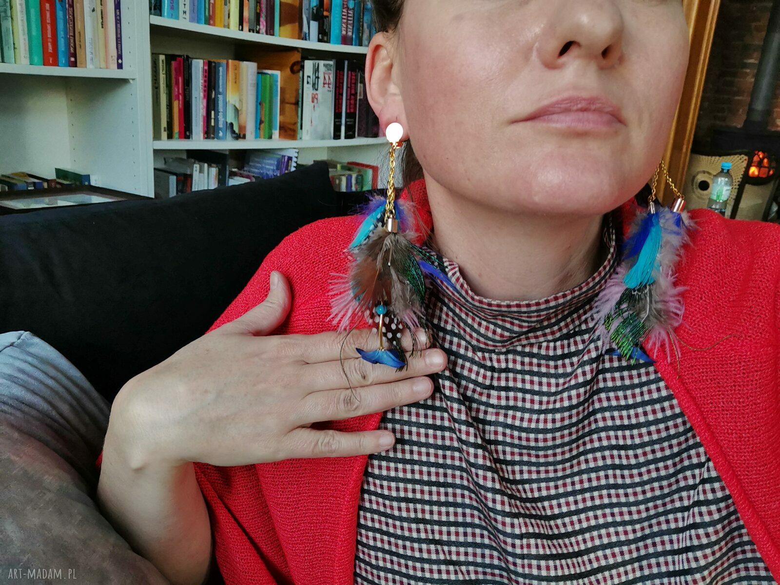 Kolorowe klipsy z piórami etno-boho - folkowe frędzle (handmade)
