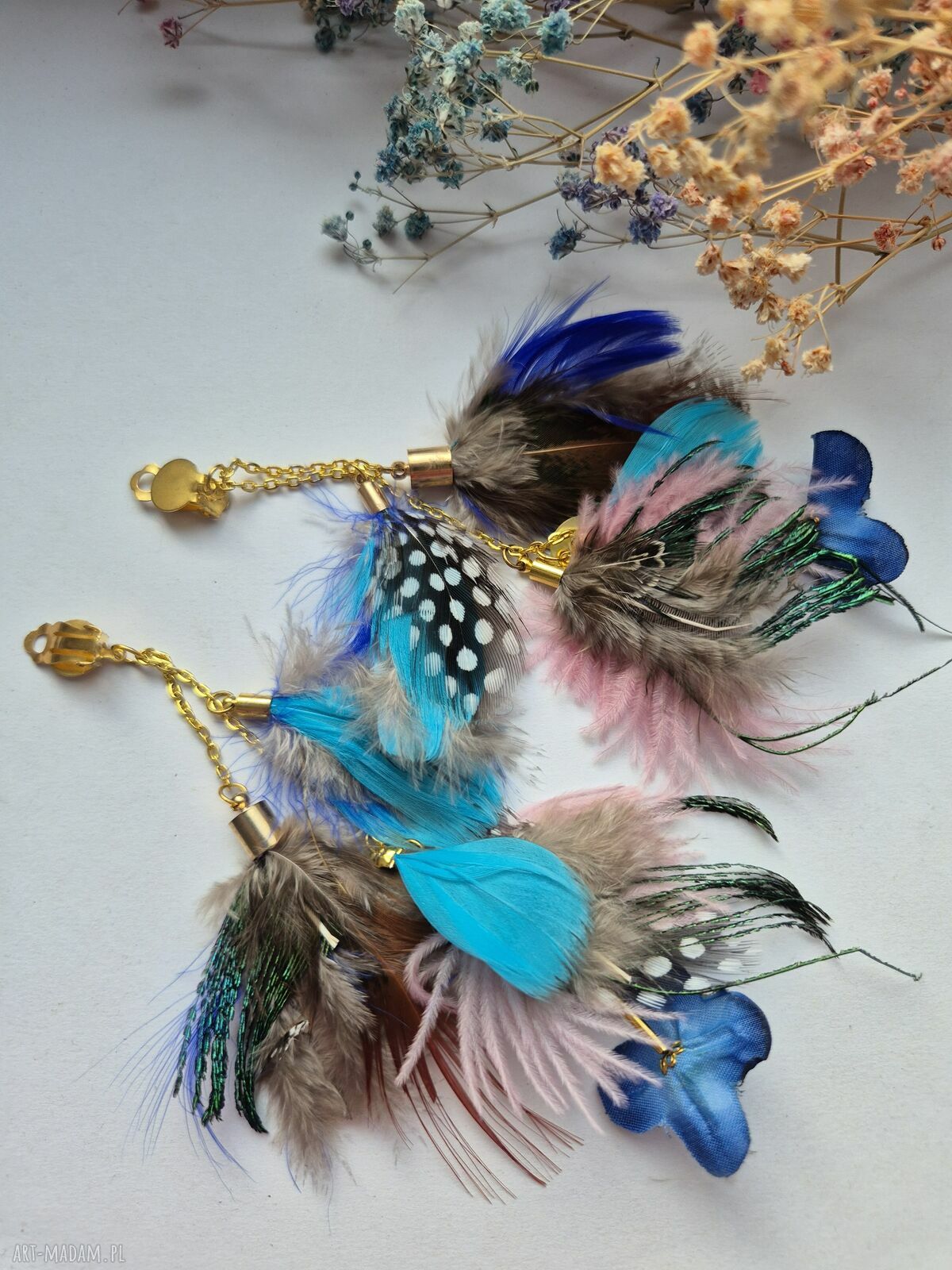 Klipsy z piórami boho - handmade w pojedynczym egzemplarzu