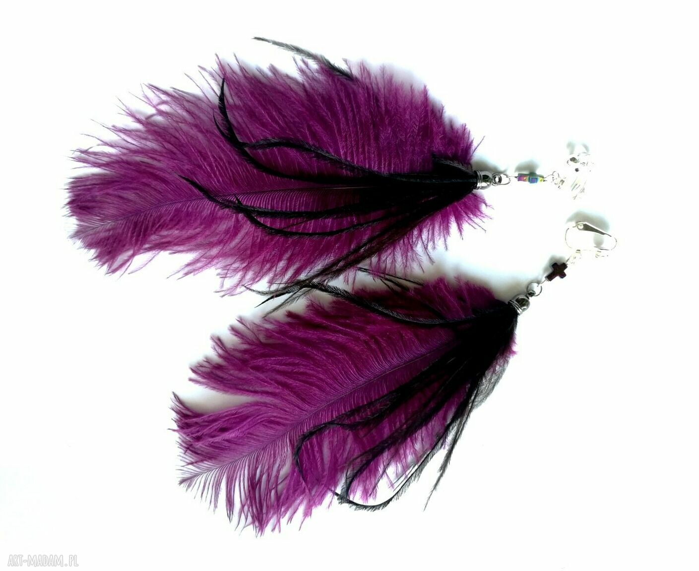 Klipsy z piórami strusimi etno-boho - lekkie 17 cm