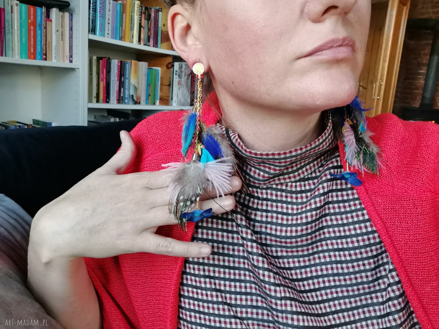 Kolorowe klipsy z piórami etno-boho - folkowe frędzle (handmade)