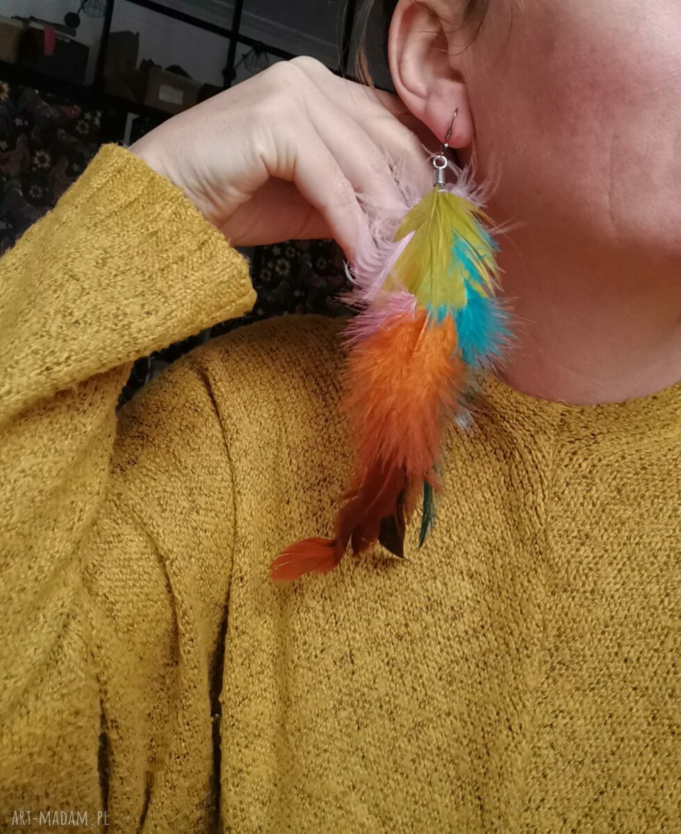 Kolczyki pióra w stylu Fridy - folk i boho, długie i leciutkie