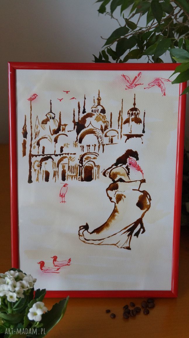 obrazy: Czerwień Wenecka obraz kawą malowany ręczne wykonanie