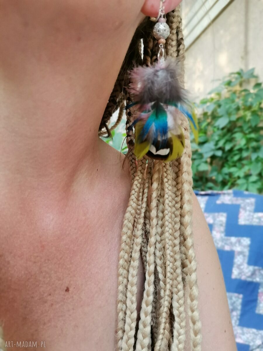 Klipsy piórzaste Boho Folk na ślub - ręcznie robione od Ruda Klara